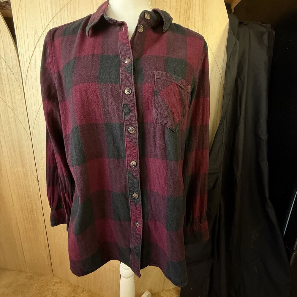 Blue Mountain Maroon Burgundy Buffalo Check Plaid Flannel Shirt Grunge L